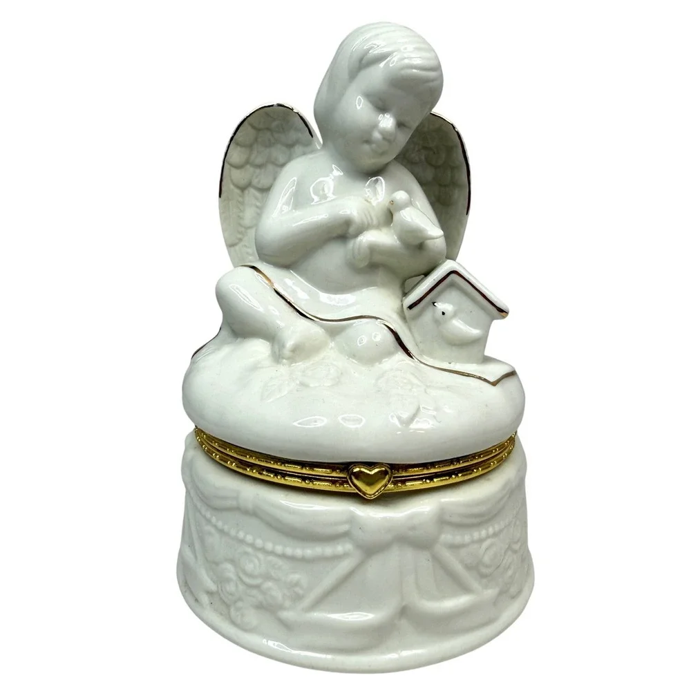 Porcelain Angel Trinket Jewelry Box Bath Salt Holder Gold Trim Bird 5in Wx7in H